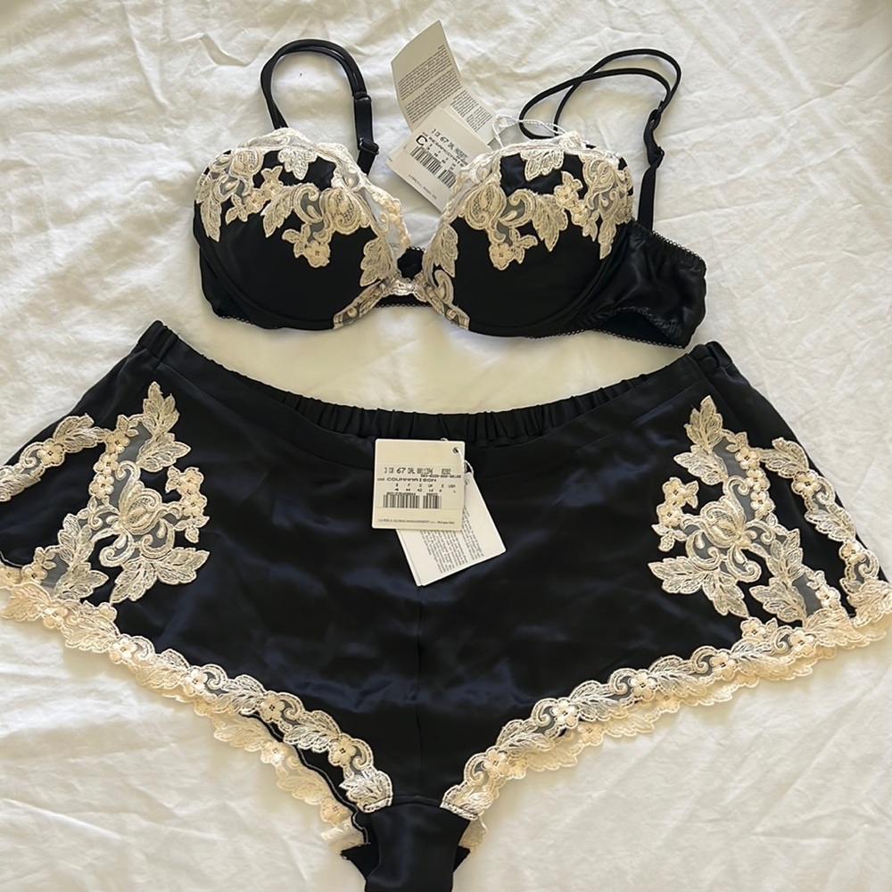 lLa Perla Set 36C new with tags Black Silk Bra and Tap Pants in large